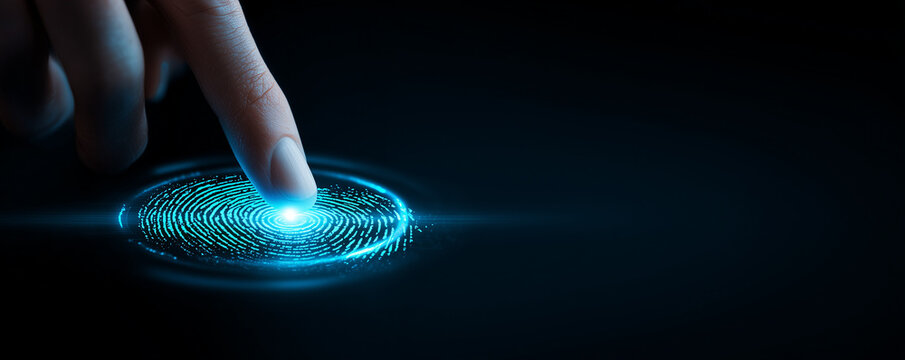 Blue fingerprint scan icon on virtual screen while finger scanning for security access with biometrics identification on dark. Cyber security, privacy data protection technology for business. banner