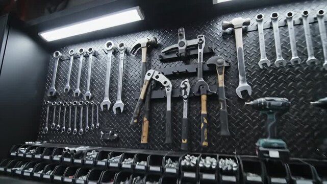 Organized Workshop Displaying Various Hand Tools And Power Tools For Skilled Mechanics