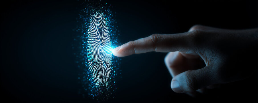 Blue fingerprint scan icon on virtual screen while finger scanning for security access with biometrics identification on dark. Cyber security, privacy data protection technology for business. banner