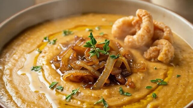 Escald&oacute;n de gofio canario con caldo, cebolla frita y chicharrones
