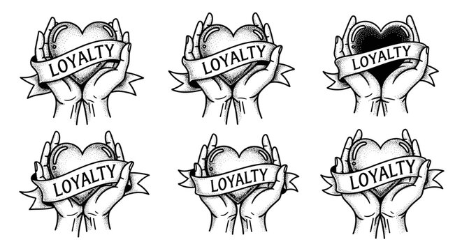 Hands holding heart with loyalty banner tattoo style illustration.
