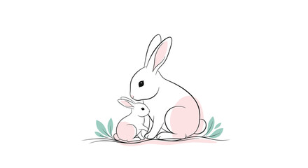 Obraz premium Gentle illustration of a mother rabbit tenderly nuzzling her baby bunny in a minimalist line art style with pastel pink accents.