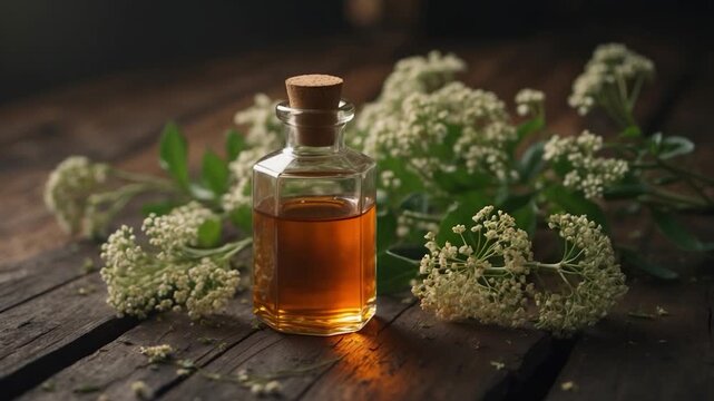 Amber liquid in a glass bottle with a cork stopper surrounded by delicate white flowers on a rustic wooden surface illuminated by soft natural light