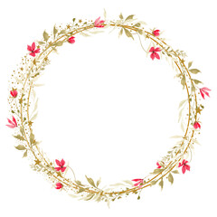 Watercolor flower wreath with gold circle frame.