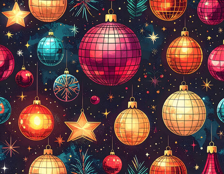 Groovy Christmas ornaments, disco lights, and funky typography evoke joyous holiday spirit and retro cheer in this repeat pattern design