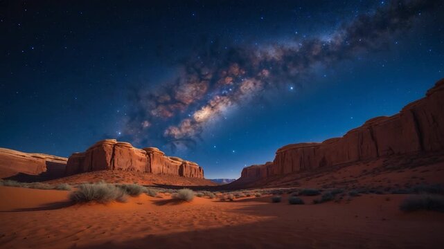 Expansive night sky over desert landscape with red rock formations illuminated Milky Way scattered clouds and soft natural light reflecting on sandy terrain