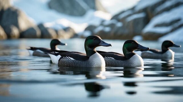 Four male ducks with vibrant green heads and distinct feather patterns gracefully swimming in tranquil blue water surrounded by rocky formations and snow-tipped landscape under warm soft daylight