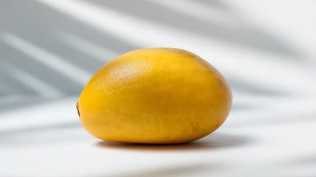 Close-up of a smooth bright yellow mango resting on a white surface with soft diffused natural light showcasing its glossy texture and rounded shape in a minimalistic setting