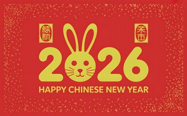 Chinese new year 2026 poster with rabbit motif in 2026 numerals, yellow numerals on red background, gold confetti border and stamp accents, minimalist vector for holiday cards and event banners.
