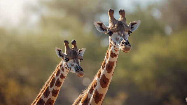 Two adult giraffes curiously gazing towards the camera in a lush green environment with soft natural light highlighting their long necks and distinctive patterns captured in smooth transitions from