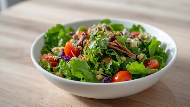 Vibrant mixed salad with fresh greens cherry tomatoes nuts herbs and colorful vegetables arranged in a white bowl on a wooden table with soft natural lighting - Powered by Adobe