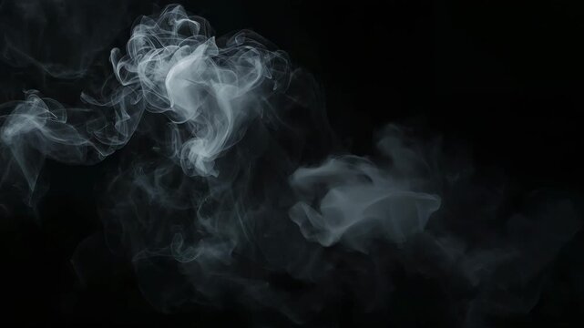 Swirling white smoke patterns floating gracefully against a dark background dynamic movement captured in a close-up continuous flow revealing the texture and form of smoke in various shapes.