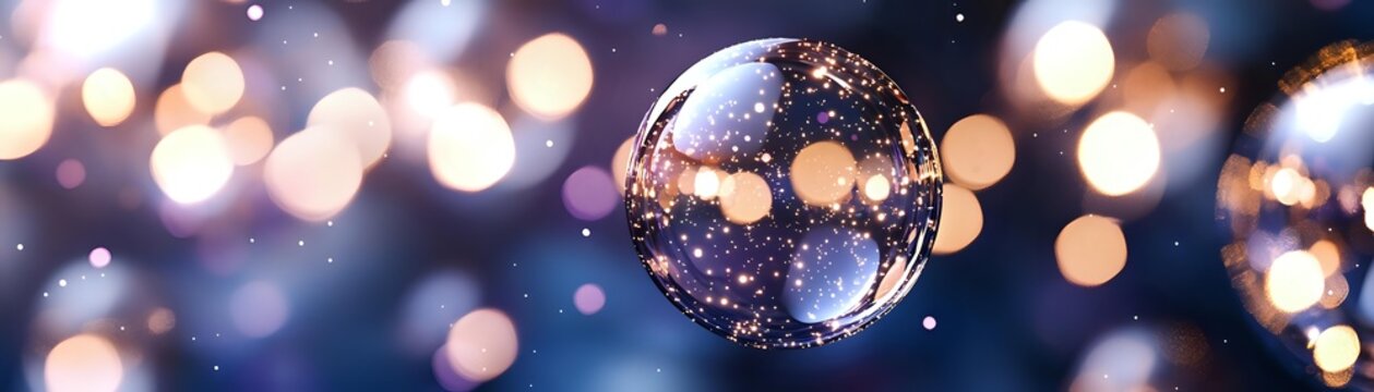 Crystal glass sphere reflecting colorful bokeh lights against dark background, creating magical atmosphere for festive or spiritual concepts.