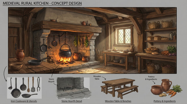 concept design sheet of a medieval rural kitchen with prop views, materials and environment sketches. rustic fantasy interior
