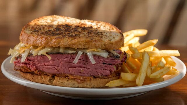 Deliciously stacked sandwich featuring tender pink meat and saut&eacute;ed onions on a toasted bun accompanied by crispy golden fries against a rustic wooden backdrop with warm natural lighting