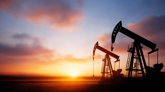 Silhouetted extraction pumpjacks against sunrise backdrop, oil well equipment in operation, petroleum drilling company expansion, commodity market growth, financial sector developm