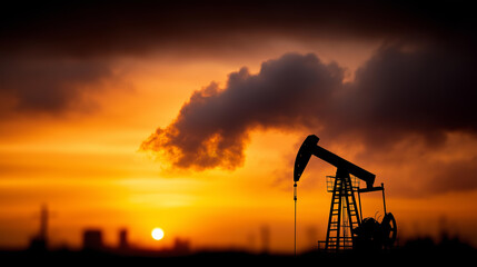 Towering petroleum pumpjack silhouetted against dramatic fiery sunset with smoke plumes, industrial power representation, environmental consequence visualization, energy production