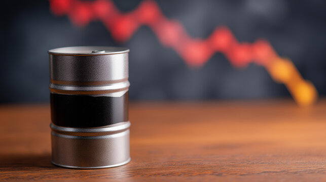 Petroleum barrel with distinctive marking on desk surface, financial graph showing price decline, market downturn visualization, commodity value decrease, economic indicators, oil - Powered by Adobe