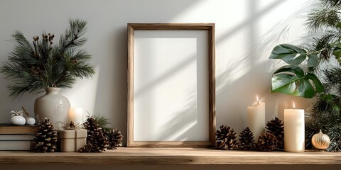 Empty wooden frame on shelf with pine cones, candles, and greenery in cozy winter home decor setting with natural light.
