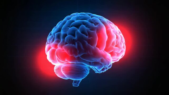 Luminous blue and red brain model showcasing neural connections and activity patterns viewed from various angles against a dark backdrop with soft illumination and smooth glossy textures