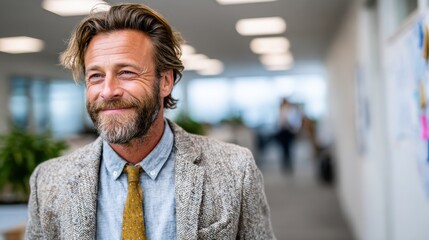 Obraz premium A confident man with long hair and a beard smiles while wearing a stylish suit in a bright office, representing professionalism and positivity in the workplace.