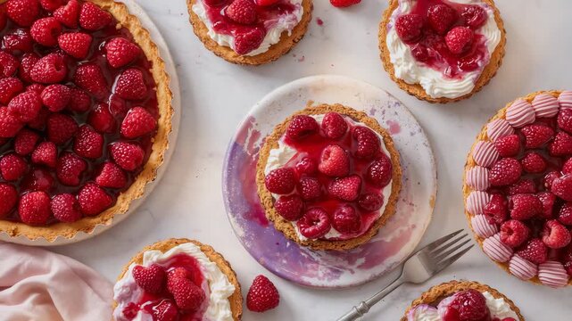 Freshly baked raspberry tarts garnished with vibrant red raspberries and glossy raspberry sauce arranged beautifully on a light surface showcasing detail in toppings and textures in soft natural light