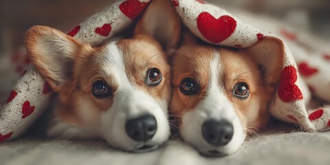 Two adorable Welsh Corgi dogs snuggling together under a cozy blanket with red heart pattern, creating a warm and loving atmosphere for Valentine's Day or pet companionship themes.
