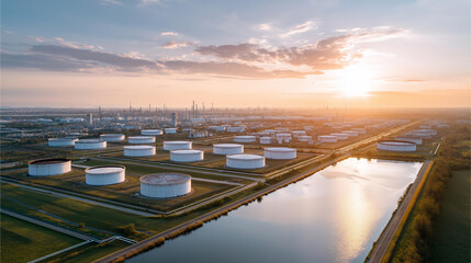 Aerial view of massive tank farm for chemical and petroleum product storage, oil terminal infrastructure, petrochemical refinery storage capacity, fuel reserves management, industr