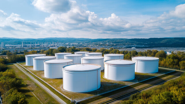 Aerial view of massive tank farm for chemical and petroleum product storage, oil terminal infrastructure, petrochemical refinery storage capacity, fuel reserves management, industr