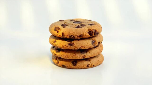Close-up of a stack of four freshly baked chocolate chip cookies on a smooth white surface with soft natural light creating a warm glow and highlighting the texture of the cookies
