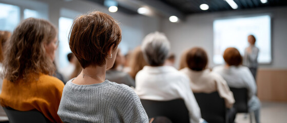 Audience of diverse adults attentively listening to a speaker during a seminar or workshop in a modern conference room setting