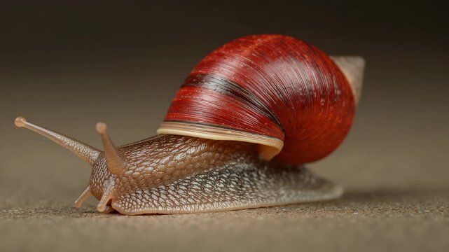 Close-up of a vibrant red snail slowly gliding across a textured surface showcasing its glossy shell and gentle movements with soft natural lighting highlighting the intricate details.
