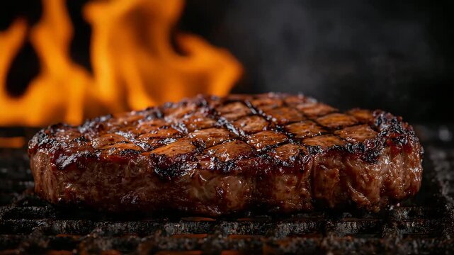 Close-up of a perfectly grilled steak sizzling on a charcoal grill with visible char marks surrounded by flames and smoke against a dark background showcasing rich brown color and appealing texture.