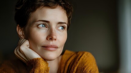 Close-up portrait of contemplative woman with short curly hair in mustard sweater against dark background, hand resting on chin in thoughtful pose.