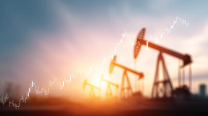 Double exposure artistic composition of drilling rigs and ascending financial chart, warm sunset atmosphere, global energy market dynamics, oil industry growth, financial trends ov