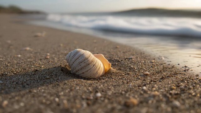 Close-up of a spiral shell resting on a sandy beach as gentle waves flow in showcasing soft natural light and smooth textures of sand and water during sunset.