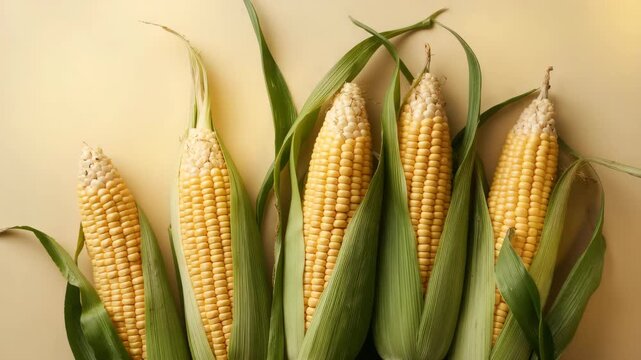Fresh yellow corn cobs arranged with green husks on a soft beige surface highlighted by soft natural light showcasing vibrant colors and smooth textures in a close-up view