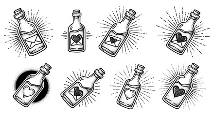 Set of Vintage Love Potion Bottles with Heart Designs.