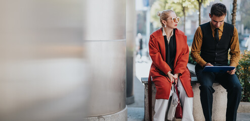 Two well-dressed professionals sit on a city bench outdoors. A woman in a red coat and a man in a vest discuss work as they glance at a tablet, conveying a moment of urban collaboration.