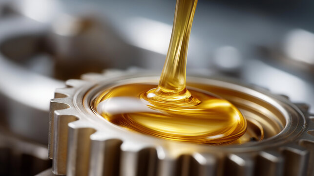 Viscous golden lubricating oil flowing onto rotating metallic engine components, mechanical system maintenance, industrial fluid dynamics, machinery operation optimization, precisi