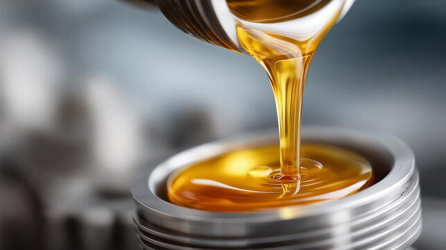 Viscous golden lubricating oil flowing onto rotating metallic engine components, mechanical system maintenance, industrial fluid dynamics, machinery operation optimization, precisi