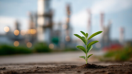 Small green plant sprouting beside industrial petroleum facility, environmental contrast concept, sustainable energy transition, green industry development, ecological responsibili
