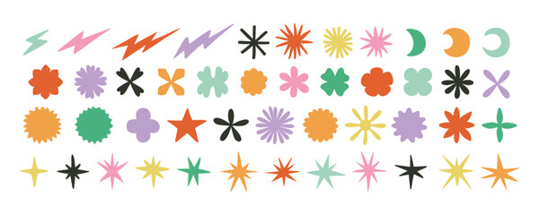 Y2K Minimalist retro Vector Geometric Shapes Set. Stars, Flowers and Circles with ZigZag Edge. Hand drawn Symbols, Labels and Icons.