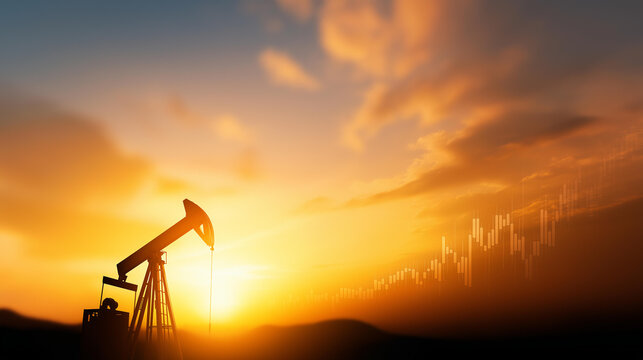Industrial petroleum extraction equipment silhouetted against dramatic orange sunset sky, financial market data overlay, energy sector growth visualization, oil price trends, commo