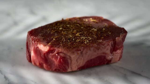Close-up of a seasoned raw beef steak on a marble countertop showcasing rich red and pink marbling with a blend of spices highlighted by soft natural light and textured surface patterns