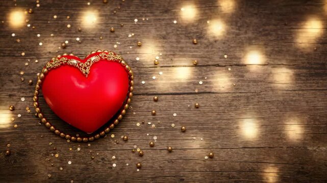 Close-up of a vibrant red heart-shaped ornament with intricate gold detailing surrounded by golden beads and scattered sequins on a rustic wooden surface illuminated by warm glowing lights