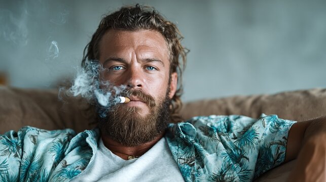 This image captures a relaxed man with a beard and striking blue eyes, smoking a cigarette while lounging on a couch, surrounded by a cozy atmosphere and nature elements.