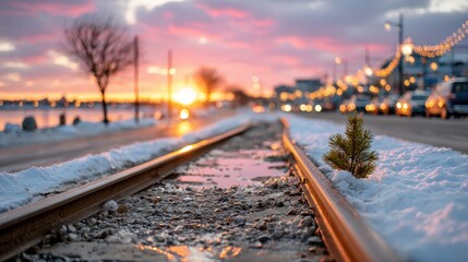 Fototapeta premium The tranquil scene shows railroad tracks lined with snow as a vibrant sunset paints the sky, creating a serene and picturesque view by the waterfront.