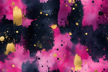 Abstract watercolor background with vibrant pink and navy blue splatters accented by gold metallic dots for luxury design projects.