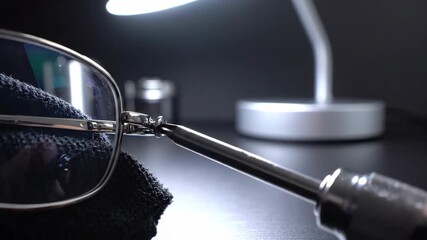 Precision Spectacles Adjustment: Close-Up of Eyeglass Repair and Maintenance Process